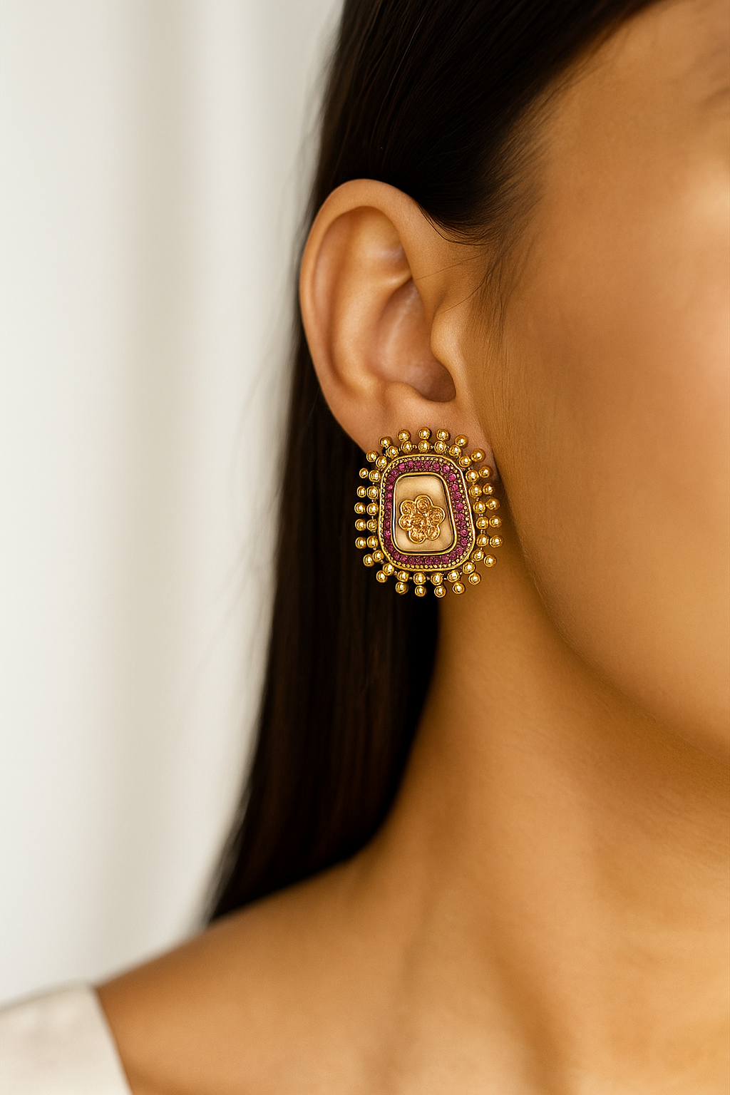 Antique Gold Stud Earrings with Pink Stone Detailing